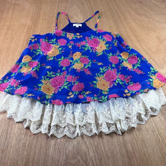Umgee Tops - Umgee S Blue Floral Lace Hem Boho Cottagecore Top